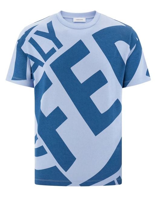Ferragamo Blue Graphic Print T-Shirt for men