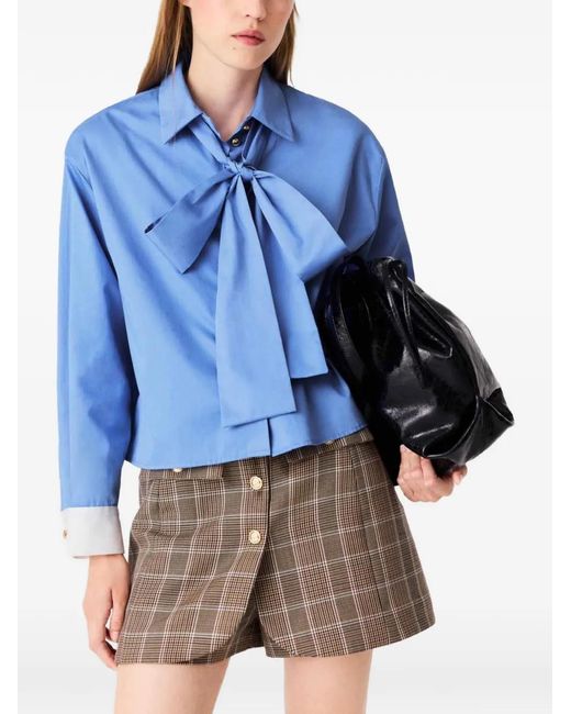 Maje Blue Cotton Pussy Bow Shirt