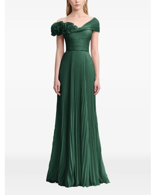 Gemy Maalouf Green Floral-Embellished Pleated Dress