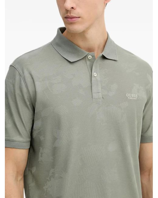 Guess Gray Floral-Print Polo Shirt for men