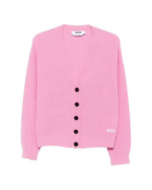 MSGM Pink Logo-Embroidered Ribbed Cardigan