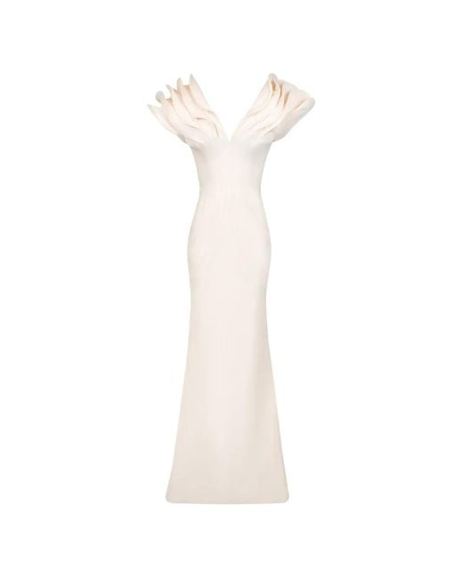 Gaby Charbachy White Ruffled V-Neck Gown