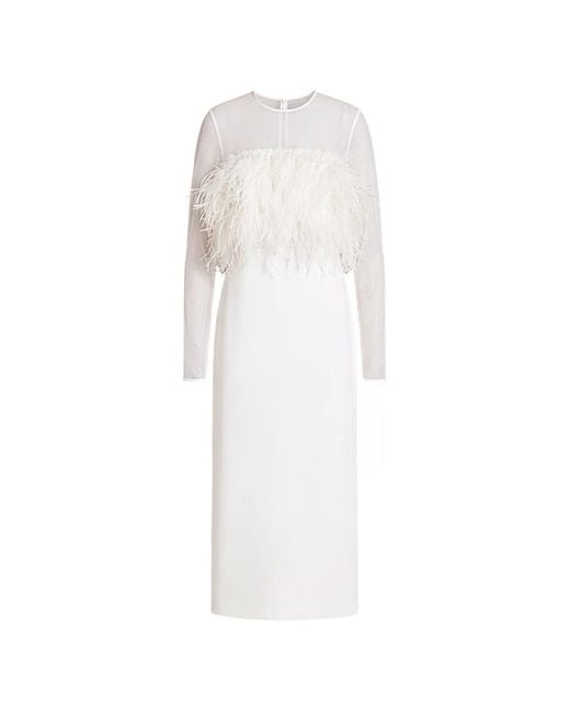 Alberta Ferretti White Feather-Detail Sheer-Panel Midi Dress