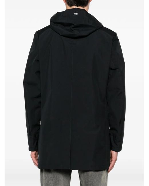 Herno Black Hooded Concealed-Fastening Raincoat for men