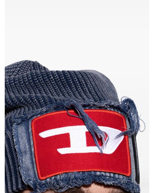 DIESEL Blue Denim Effect Beanie With Bold Patch Detail