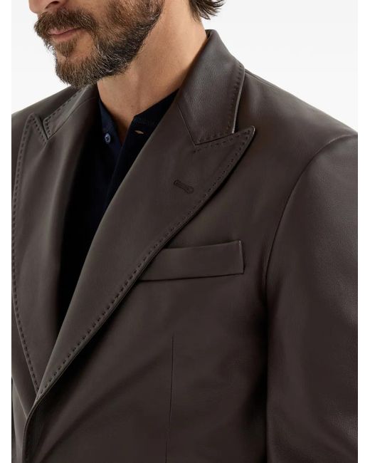 Brunello Cucinelli Black Peak-Lapels Leather Blazer for men