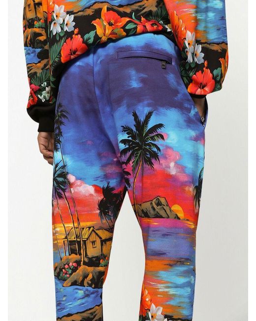 Dolce & Gabbana Blue Tropical-print Drawstring Track Pants for men