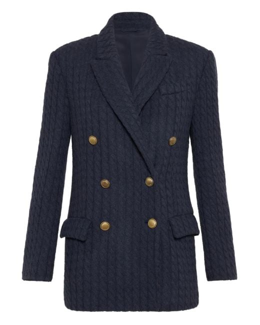 Brunello Cucinelli Blue Double-Breasted Textured Blazer