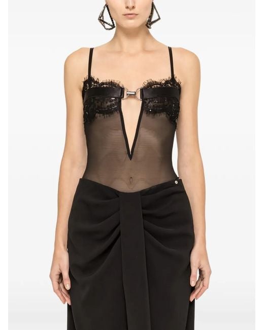Nissa Black Lace-Trimmed Tulle Bodysuit