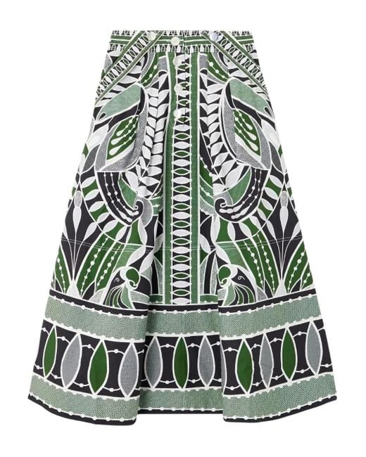 Farm Rio Green Pleated Printed Cotton-Poplin Midi Skirt