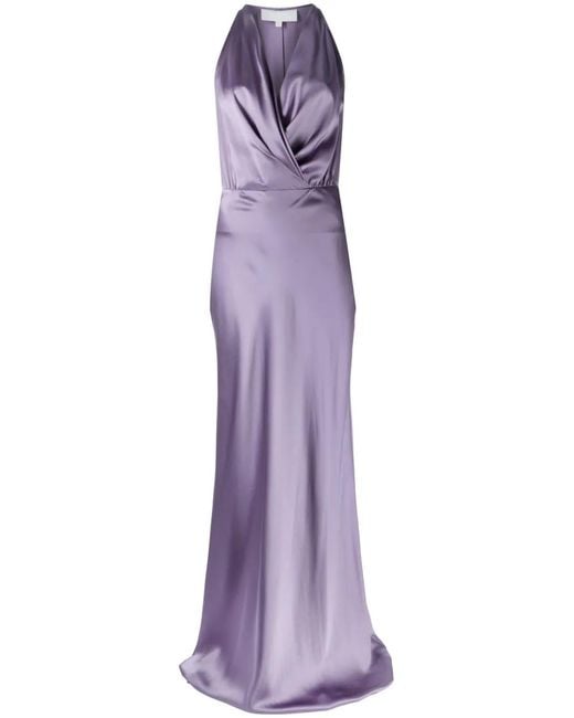 Michelle Mason Purple Draped Halterneck Gown Dress