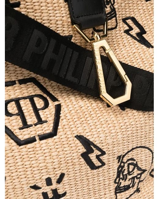Philipp Plein Multicolor Monogram-Motif Wicker Tote Bag