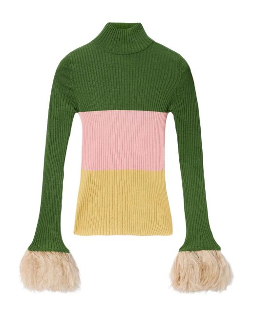 LaDoubleJ Green Embroidered-Logo Feather-Cuffs Sweater