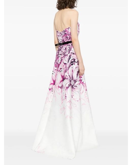 Saiid Kobeisy Pink Floral-Print Belted Strapless Gown
