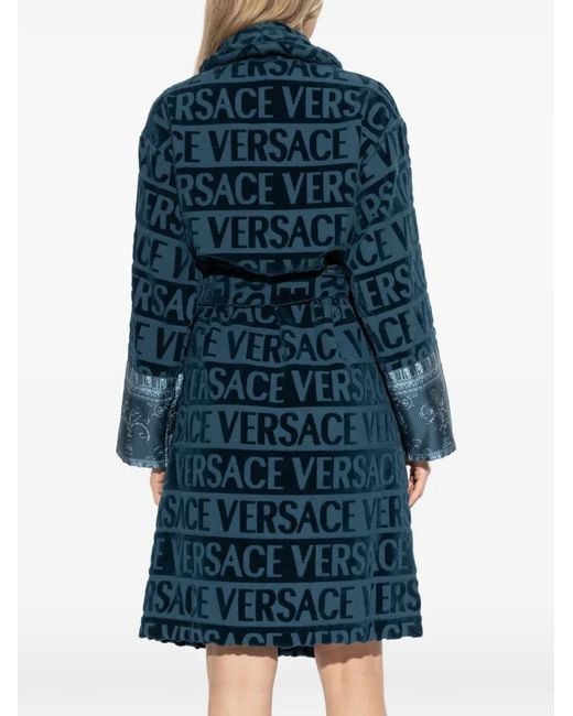 Versace Blue Logo-Pattern Belted Robe