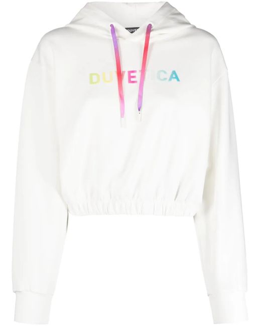 Duvetica White Logo-Print Cropped Hoodie