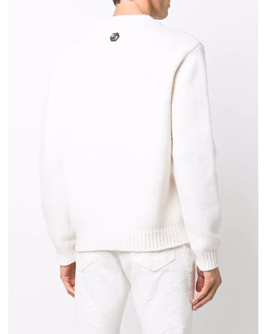 Philipp Plein White Patterned Intarsia-Knit Jumper