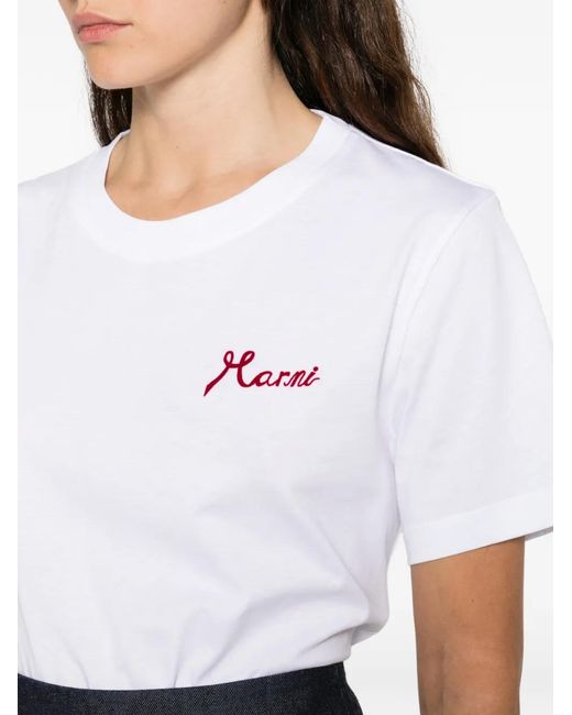 Marni White T-Shirt À Logo Brodé