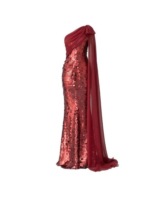 Gemy Maalouf Red Sequinned Cape-Sleeve Maxi Dress