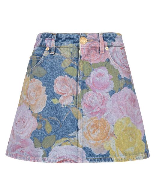 Balmain Blue Pastel Rose Print Denim Skirt