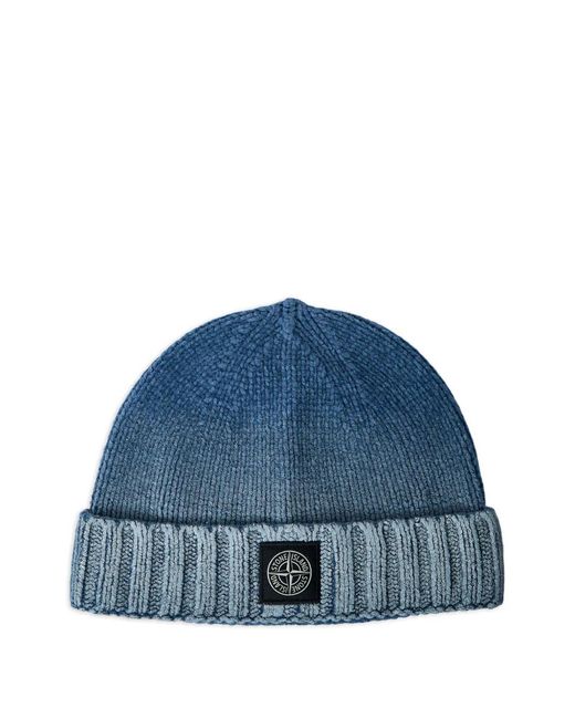 Stone Island Blue Ribbed Logo-Patch Beanie Hat for men