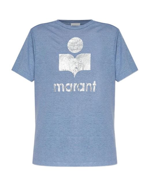 Isabel Marant Blue T-Shirt aus Leinen mit Metallic-Logo