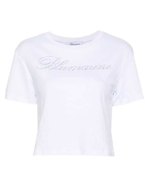 Blumarine White T-shirt Con Ricamo Logo In Strass