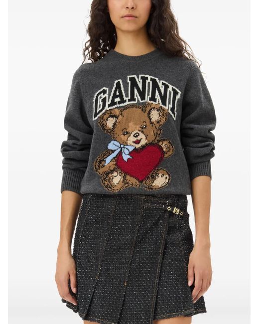 Ganni Gray Sweater With Colorful Bear Motif