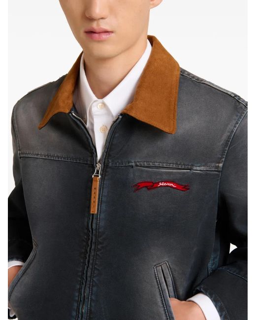 Marni Black Contrast Suede-Collar Denim Jacket for men
