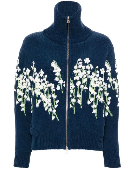 BERNADETTE Blue Floral Intarsia-knit Zip-up Cardigan