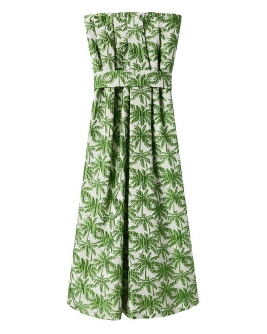 LaDoubleJ Green Schulterfreies Filter Midikleid mit Palmen-Print