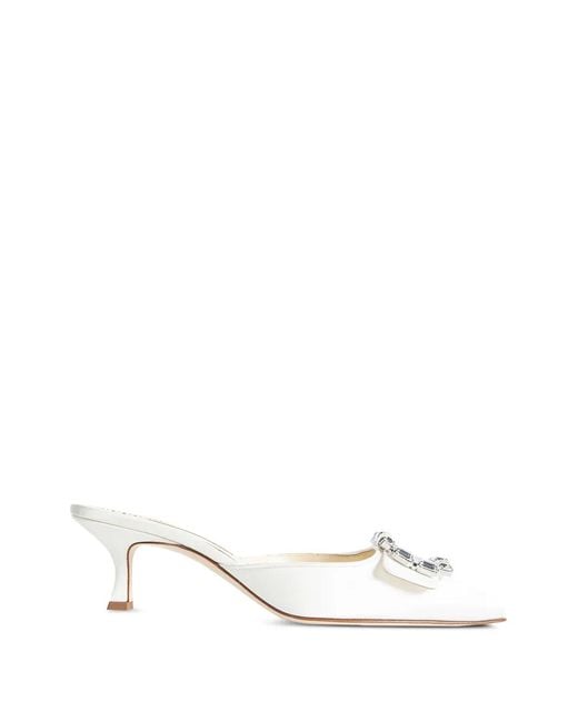 Manolo Blahnik White Mayjou Crystal-Buckle Satin Mules