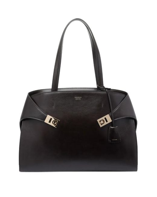 Ferragamo Black Hug Clasp-Detail Leather Tote Bag