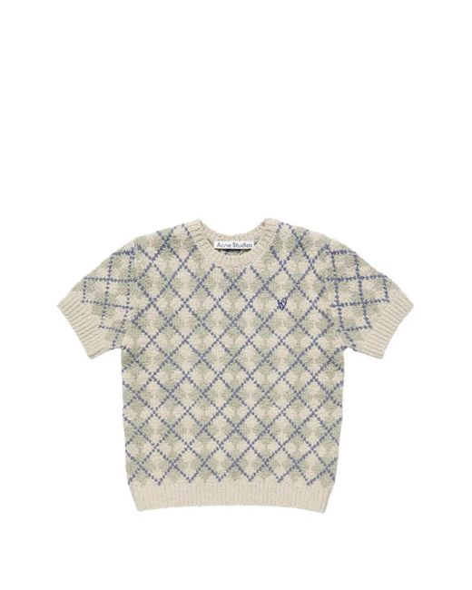 Acne White Bouclé Argyle Knit Sweater