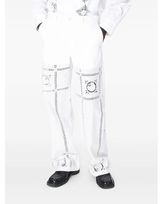 MARINE SERRE White Embroidered Cotton Trousers for men