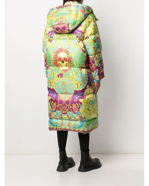 Philipp Plein Green Baroque-Print Long Padded Jacket