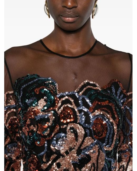 Vestido con motivo floral y lentejuelas Elie Saab de color Black