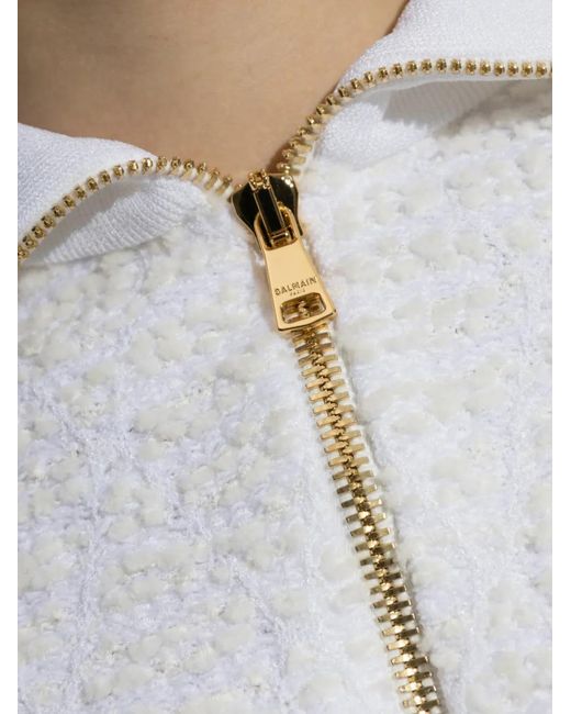 Balmain White Half-Zip Textured-Knit Sweater