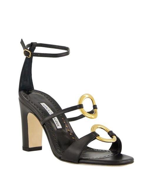 Manolo Blahnik Black 90Mm Leather Ankle-Strap Ring Sandals
