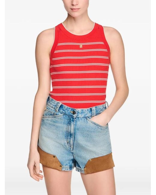 Sandro Red Striped-Pattern Logo-Plaque Tank Top