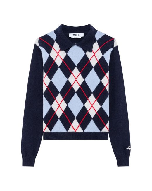 MSGM Blue Pullover Mit Argyle-Muster