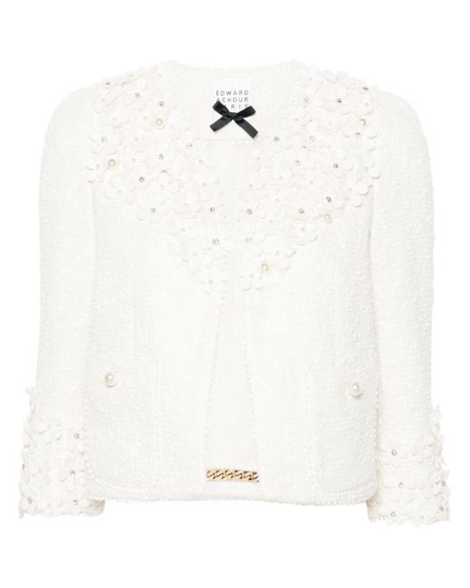 Floral-appliqué tweed jacket Edward Achour Paris de color White