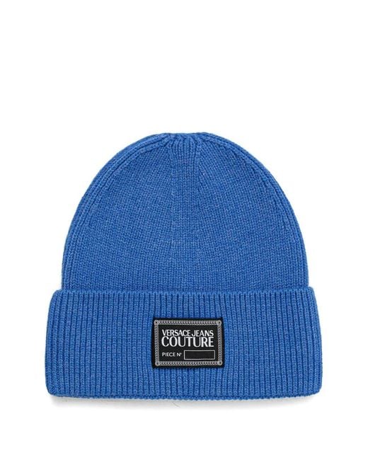 Versace Jeans Couture Blue Logo-Patch Beanie Hat for men
