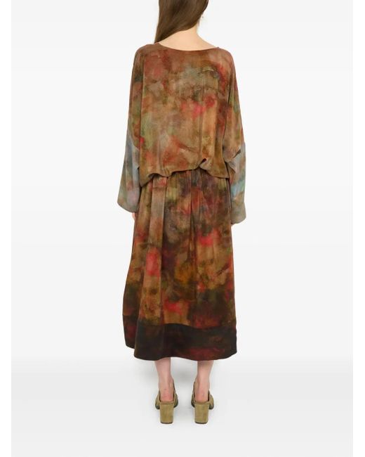 Anntian Orange Print Drawstring Midi Dress