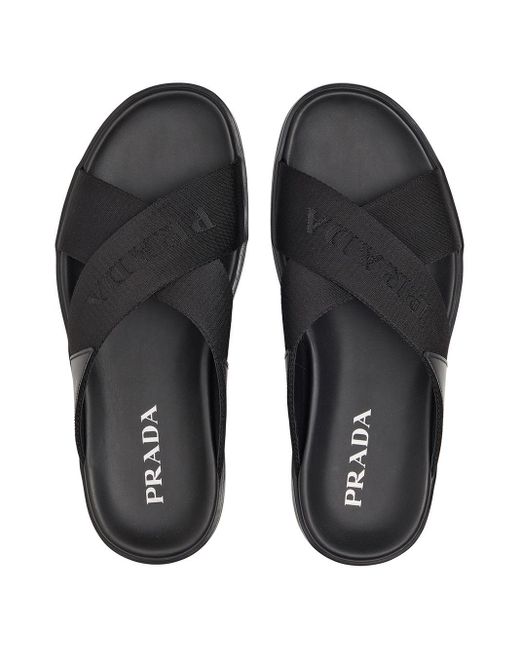 Homme Chaussures Sandales claquettes et tongs Sandales en cuir Sandales à plaque logo Cuir Prada pour homme en coloris Noir 