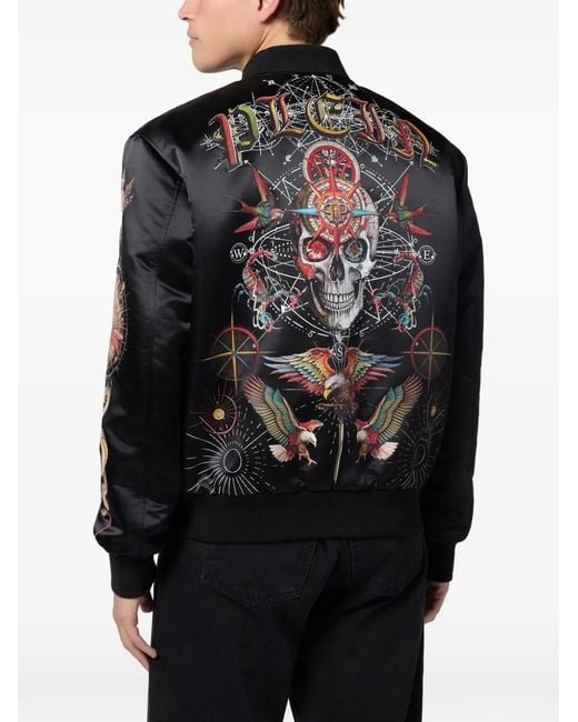 Philipp Plein メンズ ブラック スカルプリント ボンバージャケットの