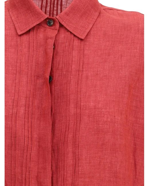 Kiton Red Pleated-Front Linen Shirt