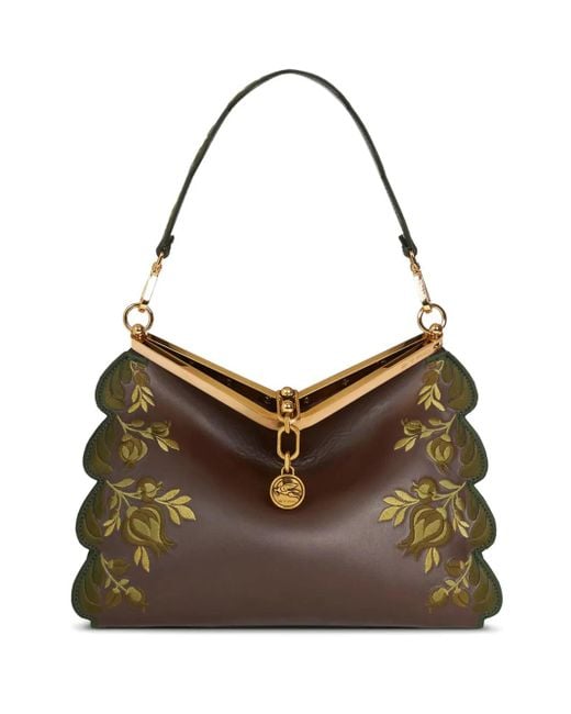 Etro Brown Embroidered Leather Vela Top-Handle Bag