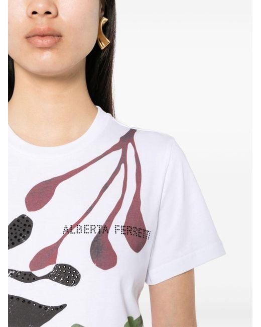 Alberta Ferretti White Rhinestone-logo Cotton T-shirt