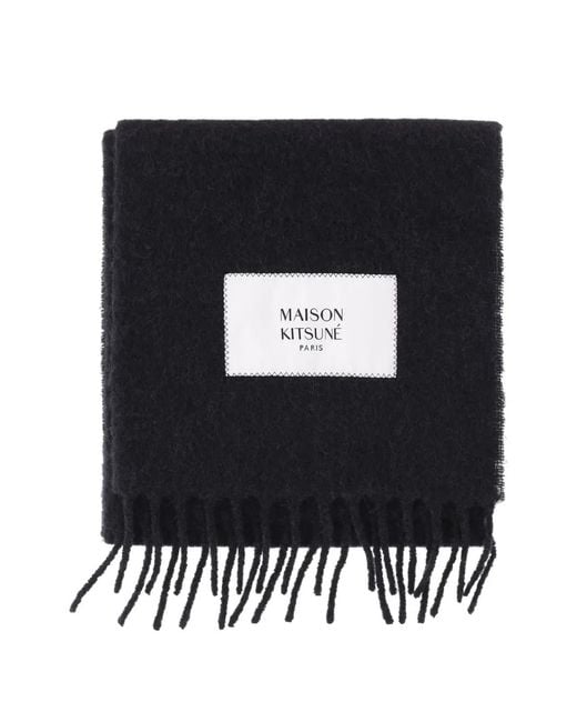 Maison Kitsuné Black Fringed Alpaca-Blend Scarf for men
